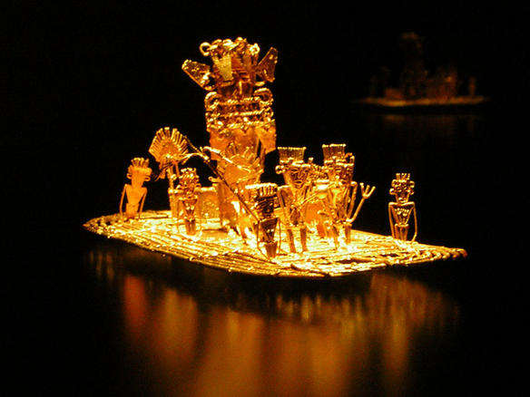 A representation of the Muisca tribal chief of El Dorado giving offerings of gold to goddess Guatavita