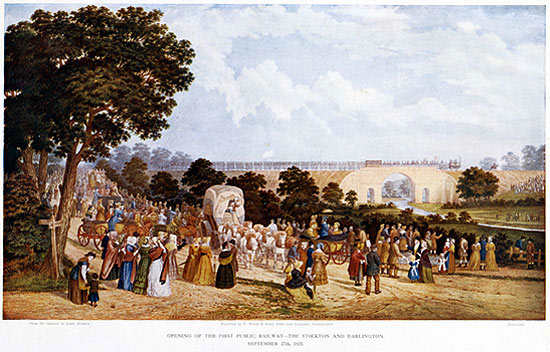 The inaugural run of Locomotion No1 on September 27th, 1825 at North Road Station - she began her run several miles north-west at Shildon and ran on to the newly built station at Stockton on Tees