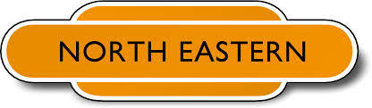British Railways' North Eastern Region totem, black lettering, tangerine body with white trim and black edging