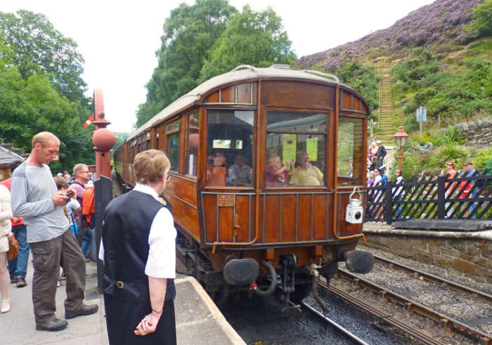 At Goathland, the next stop on the NYMR we see a grand-looking Gresley teak LNER Observation Car at the back of a train departing for Grosmont