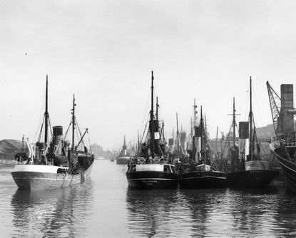 Fishing vessels in St Andrew's Dock, Kingston-upon-Hull (better known simply as Hull). Long fish trains departed daily across the network for other parts of Yorkshire and the South