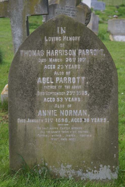 Thomas Harrison Parrott died 26 Mar 1901, Abel Parrott died 23 Sep 1895 and Annie Norman died 21 Jan 1898, gravestone location 81b, St. Lauds, Sherington