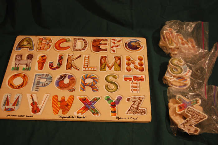 Large Melissa & Doug non-connecting alphabet puzzle. Separate letters by row for younger children.