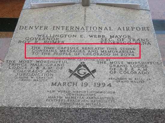 The Masonic capstone a time capsule within the airport. The capsule contains the Masonic symbol as well as the words "New World Airport Commission".