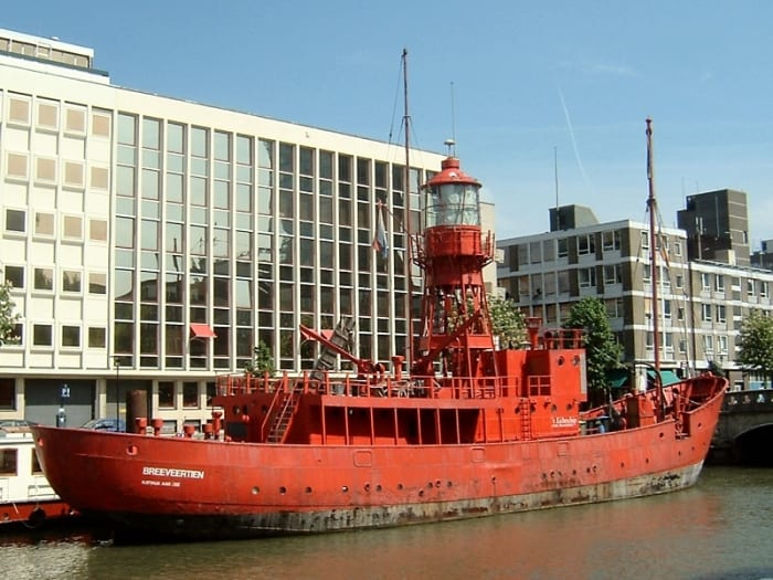 Built in 1951 as lightvessel no. XI, for Trinity House Lighthouse Service, by Philip & Son Ltd in Dartmouth, England. Now a restaurant in Rotterdam, Netherlands.