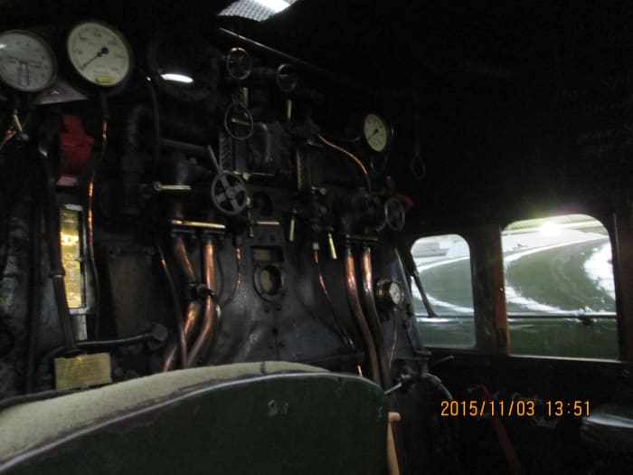 Looking upward into the cab roof with dials and controls from the driver's side (Scottish crews refused to touch engines that weren't left-hand drive)