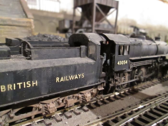 Darlington-built LMS designed Ivatt Class 4MT 43054 of Darlington (51A) shares heavy traffic with the WD 2-8-0 and Q6 0-8-0 classes as well as faster fitted traffic schedules (Bachmann model re-numbered and weathered)