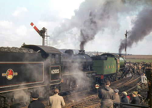 K4 3442 Great Marquess and K1 62005 on the Whitby Moors Railtour, March 1965, seen here at the north bend of Larpool Viaduct before Marquess detached to let 62005 take the train down to Whitby Town