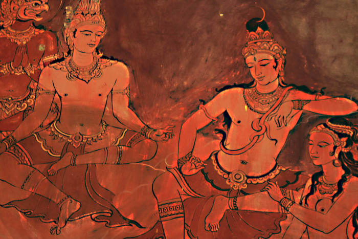 This is an image of two of the principal Hindu Gods - Vishnu on the left and Shiva on the right. Seated at Shiva's feet is the Goddess Parvati