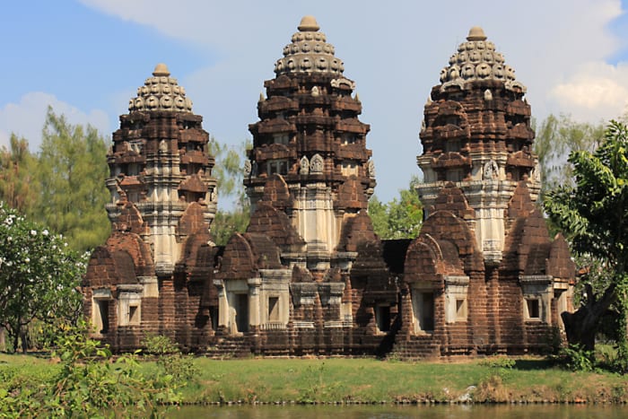 Phra Prang Sam Yot - the Three Spired Sanctuary. The original is located in the heart of Lop Buri Province, and built in Khmer style. The sanctuary dates back to the 13th century