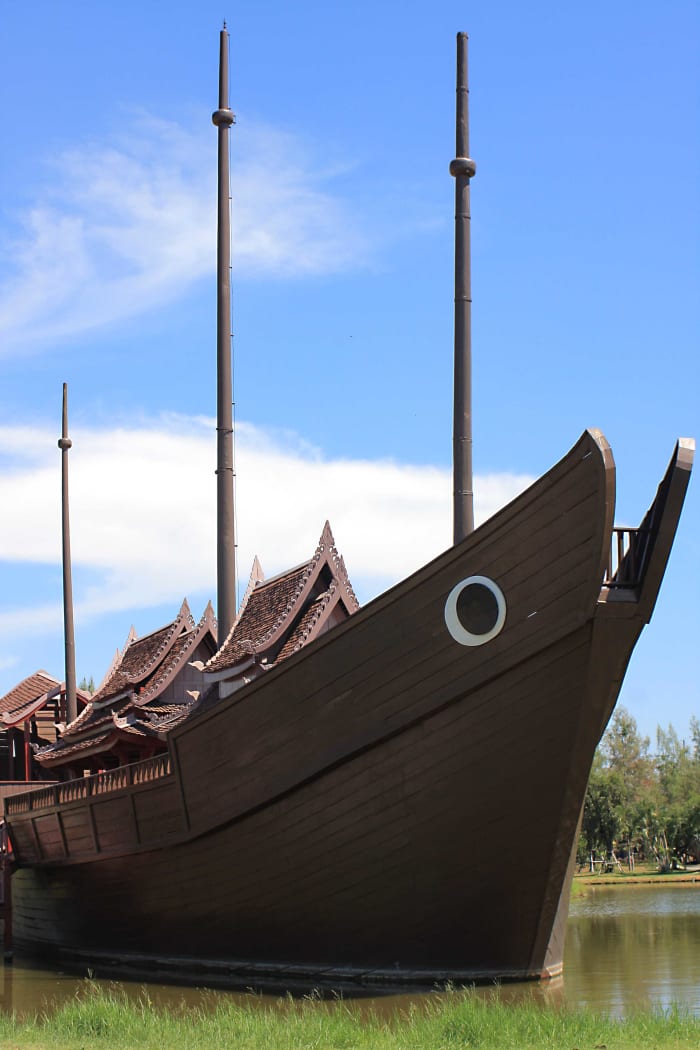 A Thai Junk. Wooden trading boats like this used to sail down the rivers to the sea from the days of the old capital of Ayutthaya right up until the 20th century and the City of Bangkok. All, however, have now gone