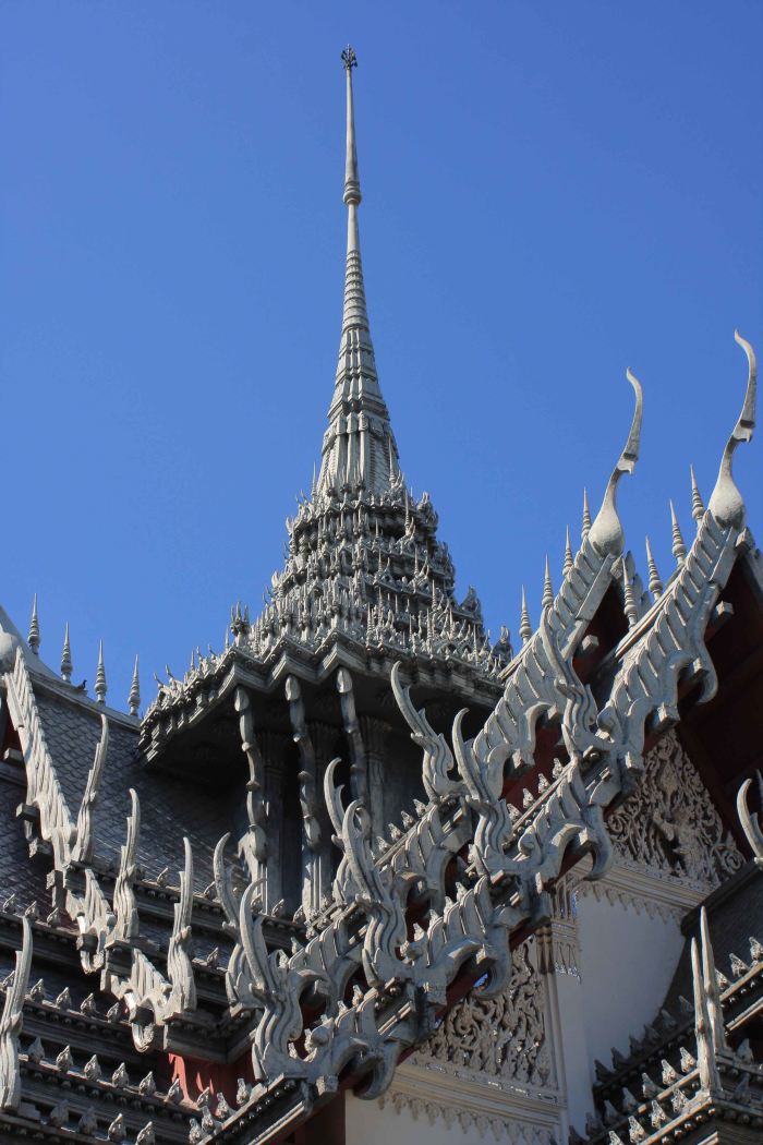 Sangphet Prasat Palace showing detail of the ornate roof decorations. The original was destroyed in 1767. It is hard to believe when seeing this architecture that this recreated palace is less than 50 years old