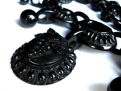 Jet jewellery came into fashion after the death of Prince Albert when Queen Victoria developed a morbid taste for permanently wearing mourning jewellery