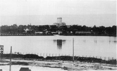 A view of the blown up causeway that stretched from Singapore Island to the mainland.