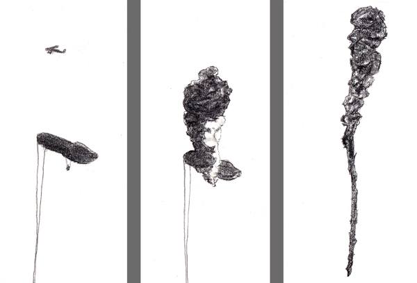 An airplane attacking its target; the balloon catches fire; and plummets to the ground
