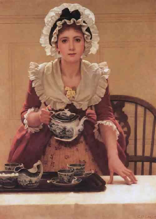 Tea, by George Dunlop Leslie (835-1921 Painted in 1885. a young woman of the 1700s Courtesy of public domain