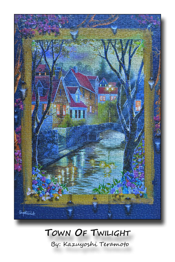 A jigsaw puzzle depicting a painting called "Town of Twilight" created by artist Kazuyoshi Teramoto