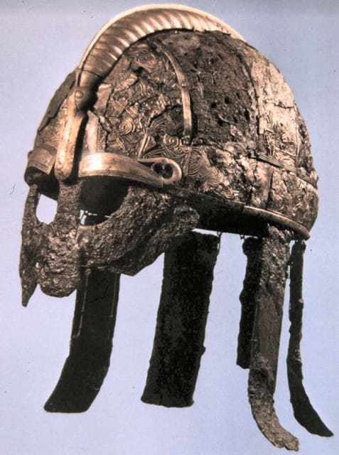 Early Viking Age Valsgaerde helm with its welded visor and neckguard strapping, found near Uppsala (North of Stockholm)