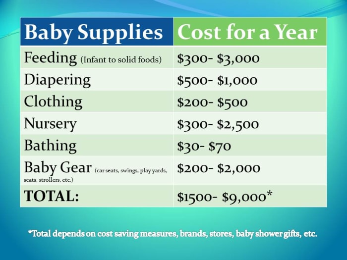 Baby gear and supplies can cost a lot of money in the baby's first year! Savings depend on brands, stores, baby shower gifts, and personal preferences.