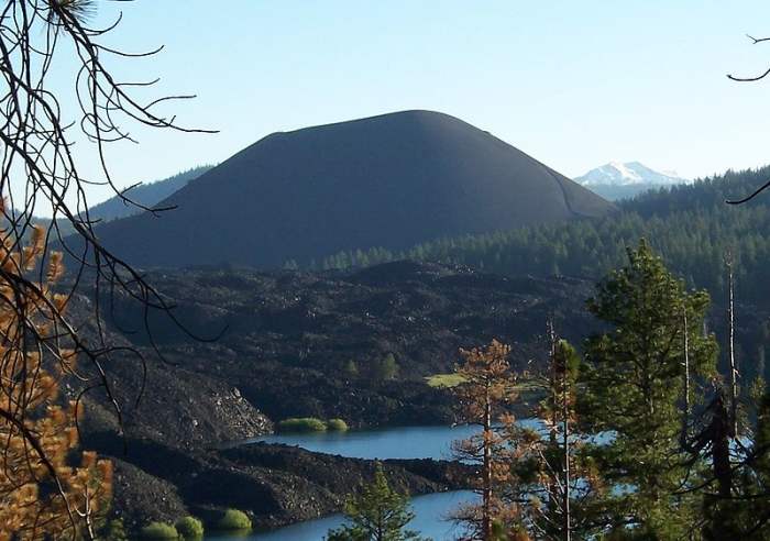 View of the cinder cone from behind Snag Lake in Lassen Volcanic National Park.