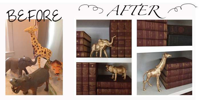 Using a few plastic animals I found at Michael's, I painted them with a 24 karat spray paint and they sit perched on a bookshelf.