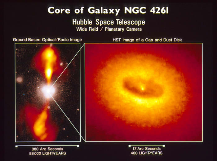 A ground-based radio telescope snapped the left photo of high-energy jets squirting out of the poles of the black hole at the heart of Galaxy NGC 4261. At right, Hubble snaps a close-up of the accretion disk of stars swirling around the black hole.