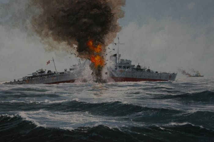 This painting shows the sinking of the German ship Friedrich Eckoldt after being attacked by HMS Sheffield