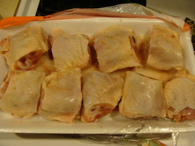 Your thighs all trimmed up - this would cost as much as the rest if you simply purchased thighs. Your little bit of extra effort does pay off, it's almost like getting free drumsticks and broth.