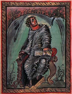 Illustration of St. Mark in the Ebo Gospels from the Rheims workshop during the Carolingian period.