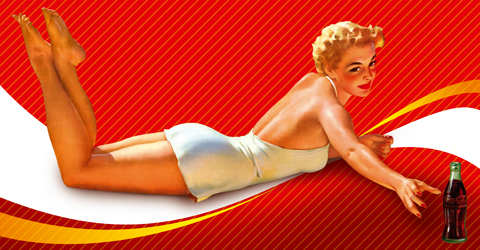 vintage Coca Cola advertisement girl in white one piece swim suit holding a bottle of Coca Cola