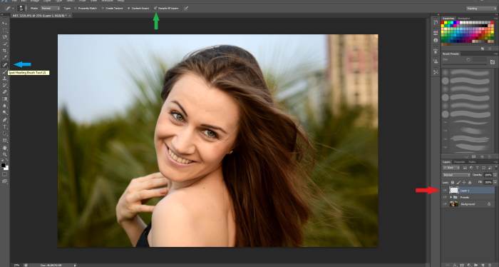 Red: Your new layer Green: Make sure the box "Sample all layers" is marked Blue: Choose Spot Healing Brush Tool