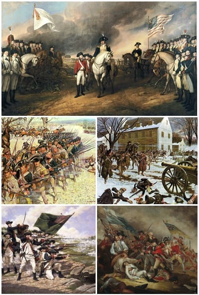 Clockwise from top left: Surrender of Lord Cornwallis after the Siege of Yorktown, Battle of Trenton, The Death of General Warren at the Battle of Bunker Hill, Battle of Long Island, Battle of Guilford Court House