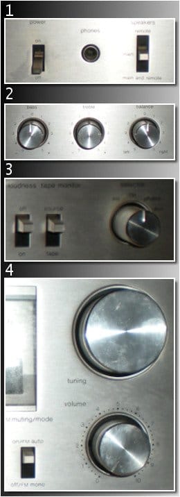 The Technics SA-202 Front Panel Features 1.) Power, headphones jack and speaker selection. 2) Bass, treble and balance controls. 3.)Loudness, tape monitor and input selector. 4.) FM tuning mode, tuner, and volume.