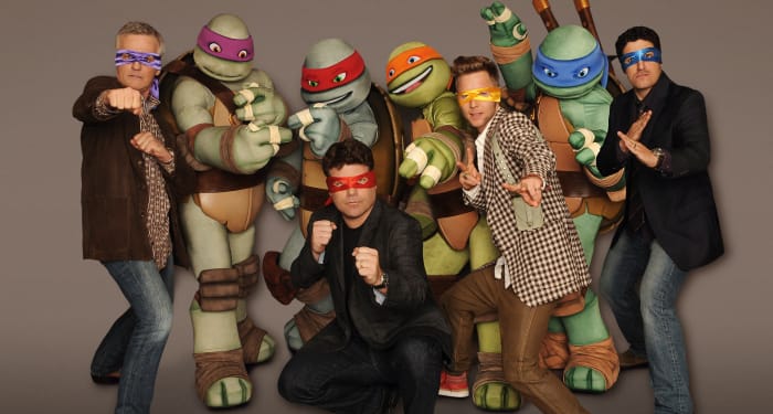 The main cast of the TMNT 2012 show (Rob Paulsen, Sean Astin, Greg Cipes, and Jason Biggs)