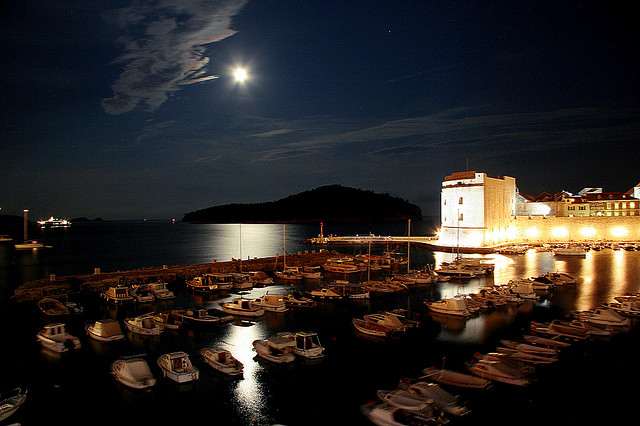 The harbour of Dubrovnik Old Town at night.