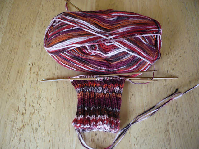 Work in Progress (WIP) - a knitted sock partially done on Double Pointed Needles (DPNs) using variegated sock yarn.