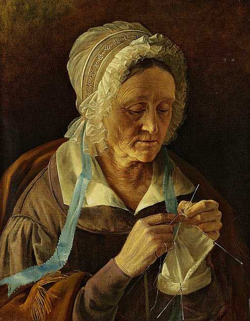 Painting of an old woman knitting a sock; people have actually been knitting socks since the time of the ancient Egyptians!