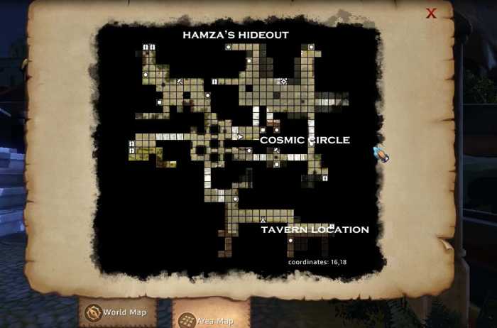 Might and Magic X Legacy Karthal Harbour District Map, showing the tavern, the Cosmic Circle and where to find Hamza