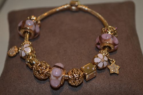 Color Themed Design Necklace for Pandora Style Charms shown here in gold and pink