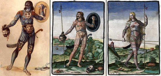 Three drawings of Celtic Pict men and women with tattoos covering their bodies. Pict was the Roman term for 'painted ones.'