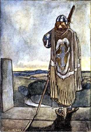 Illustration from The High Deeds of Finn and other Bardic Romances of Ancient Ireland, showing the young hero Finn about to confront a malevolent fairy on Samhain Eve.