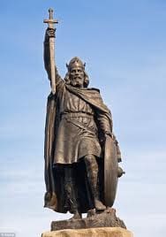 Statue of Alfred the Great located in Winchester, England. Sculptor was Hamo Thornycroft (1850-1925)