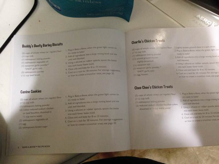 The user guide and recipe booklet are conveniently in the same book. Unless you lose it, then its not so convenient. This shows the recipe that I made for 'Chee Chee's Chicken Treats'.