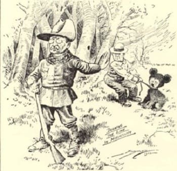 Cartoon from 1902 showing President Theodore Roosevelt and the bear. Artist: Clifford Kennedy Berryman (1869–1949)