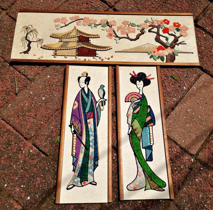 Three Piece Vintage Asian Gravel Art Set Mid Century Modern. The large one measures 36" x 12.5. Smaller ones measure 24" x 8.5.
