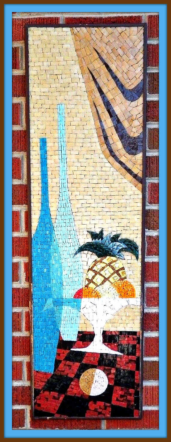 This artwork is stunning! Fantastic mid century glass mosaic that would be perfect in any mid century modern or danish modern decor. The frame is painted brown and is easily refinished or repainted as it shows minor age, use and wear.
