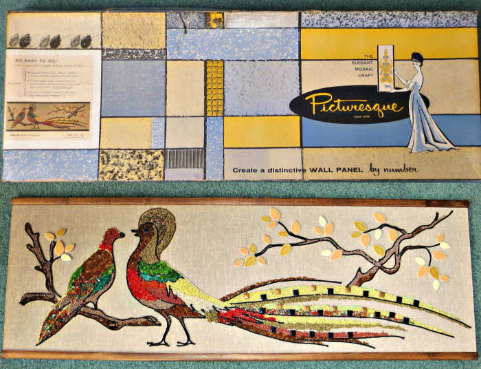 A lovely mid-century horizontal Picturesque PQL-2, Golden Pheasant Wall Panel, that is trademarked Picturesque 1962 with original box. The horizontal panel measures 13 inches by 36 inches.