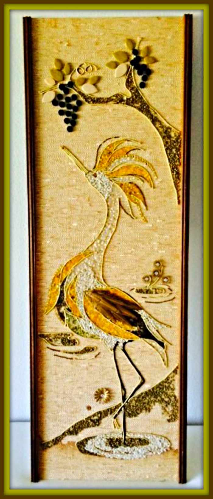 Here is a beautiful Picturesque Vintage Gravel Mosaic Artwork of a crane done in the mid century with lovely colors for the crane this piece is large and well made and measures 36" x 12" inches.