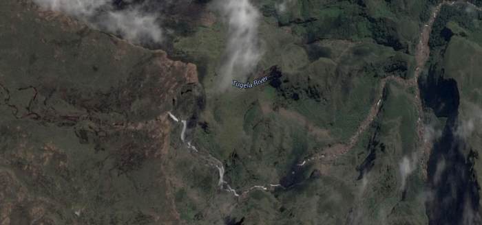 Tugela Falls on the Tugela River in South Africa. The upper part of the river is in the left of the picture, the falls are in the middle, and the lower falls continue off screen to the right.