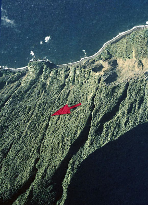 Pu'uka'oku Falls is seen here pointed out by the large red arrow marker. The falls are very narrow and are hidden nearly completely by the brush on the side of the seaside cliff.